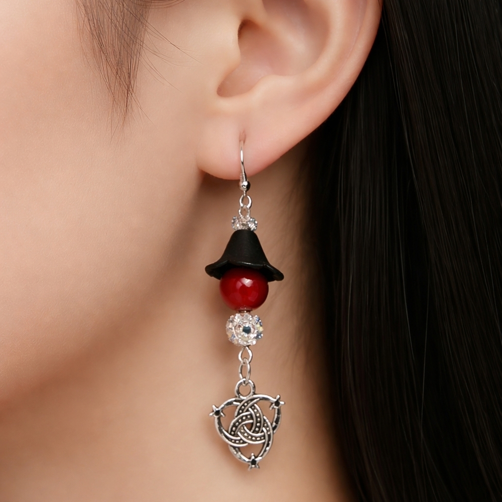 Celtic Knot Gothic Red and Black Dangle Earrings 925 Hypoallergenic Hooks Glam